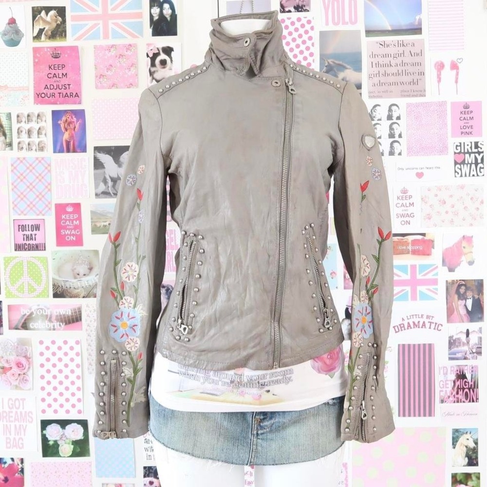 y2k gipsy‎ grey leather moto jacket studded embroidered size XS